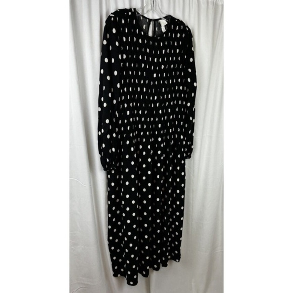 H&M Polka Dot Smocked Midi Dress Black White Long Sleeve M Rockabilly Chic 51-29 - Picture 11 of 15